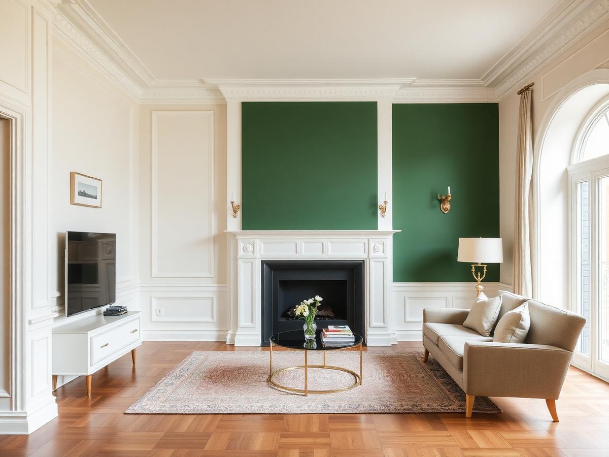 Living room with freshly painted green feature wall