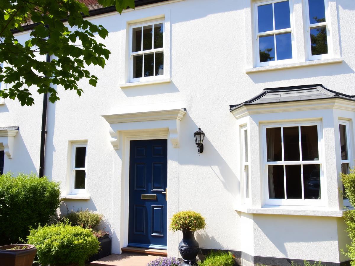 Exterior of a house with freshly painted white render