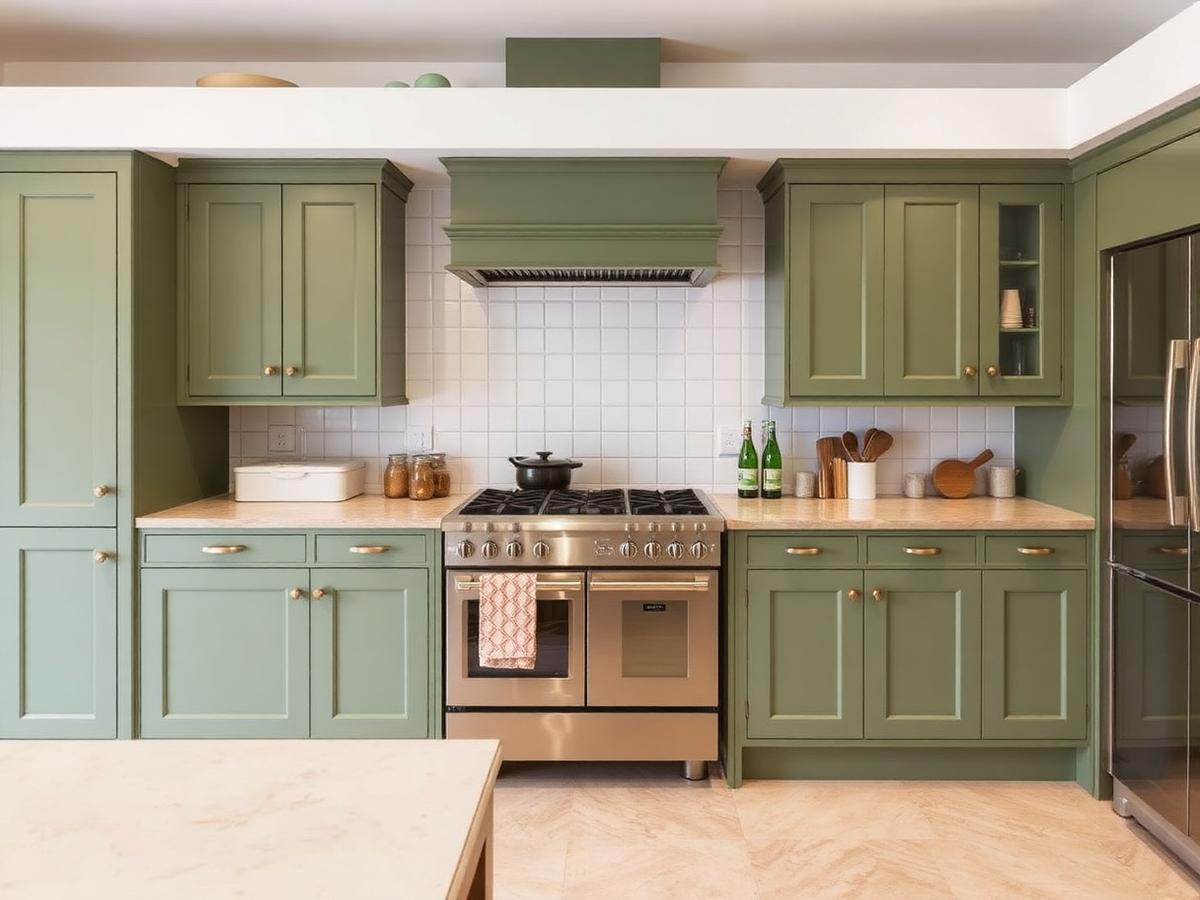 Kitchen cabinets sprayed in sage green